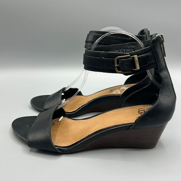 Ugg Char Sandals Ankle Strap Black Leather Mini Wedge Women’s Size 10 - Picture 4 of 12